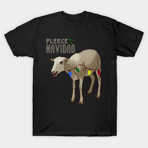 Fleece Feliz Navidad Pun Christmas Sheep with Lights T-Shirt by charlescheshire